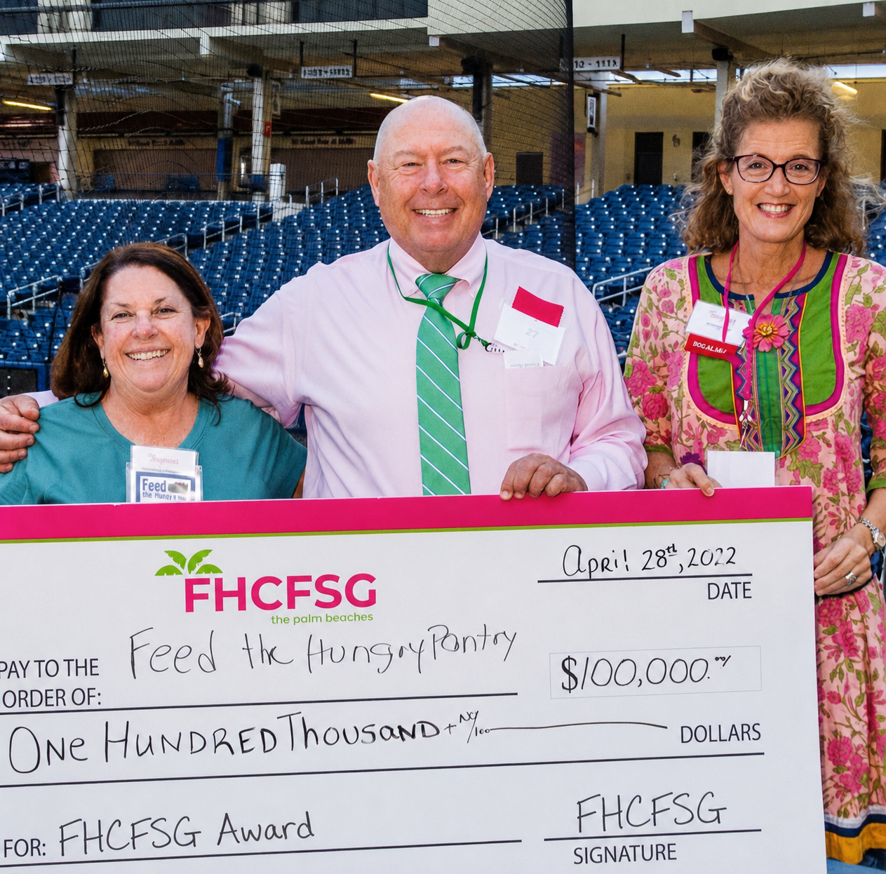 FHCFSG presents a $100,000 grant check to Feed the Hungry Pantry, April 28, 2022