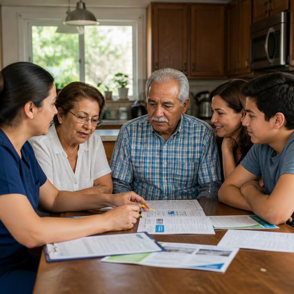 A family reviewing home care paperwork with a caregiver at the kitchen table