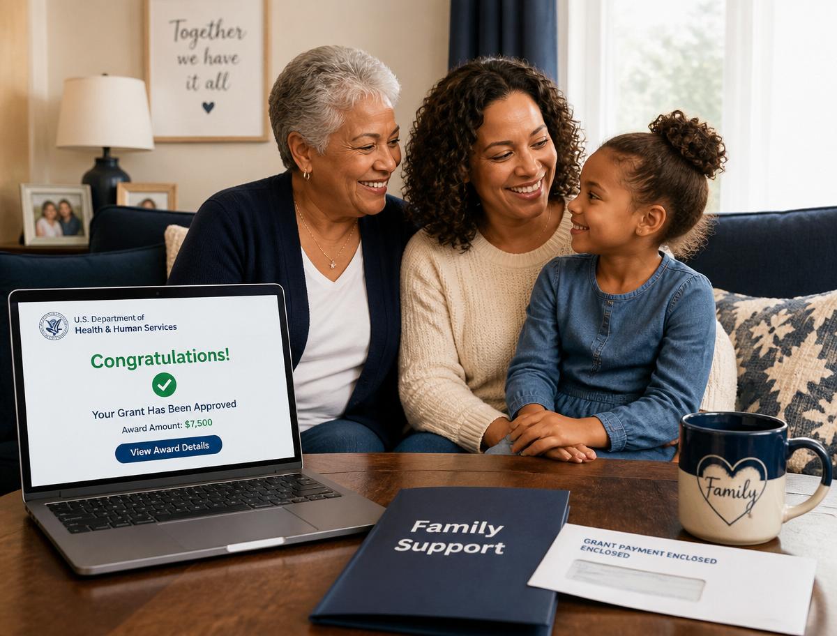 Multigenerational family reviewing an approved family support grant on a laptop at home